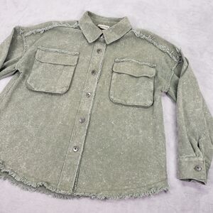 Utility Green Shacket Women's Large Acid Wash Distressed Raw Hem Double Pockets
